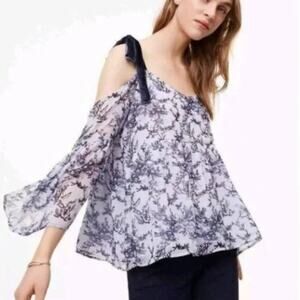 Ann Taylor LOFT Flowy Top Cold Shoulder Floral Bell Sleeve Blue - sz SP - NWT